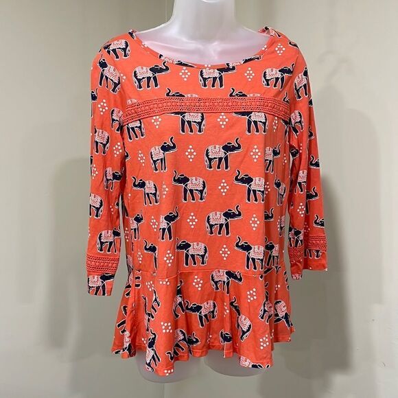 NWOT Crown & Ivy Orange Navy Elephant Blouse.  Size M medium 8/10 - Picture 1 of 7